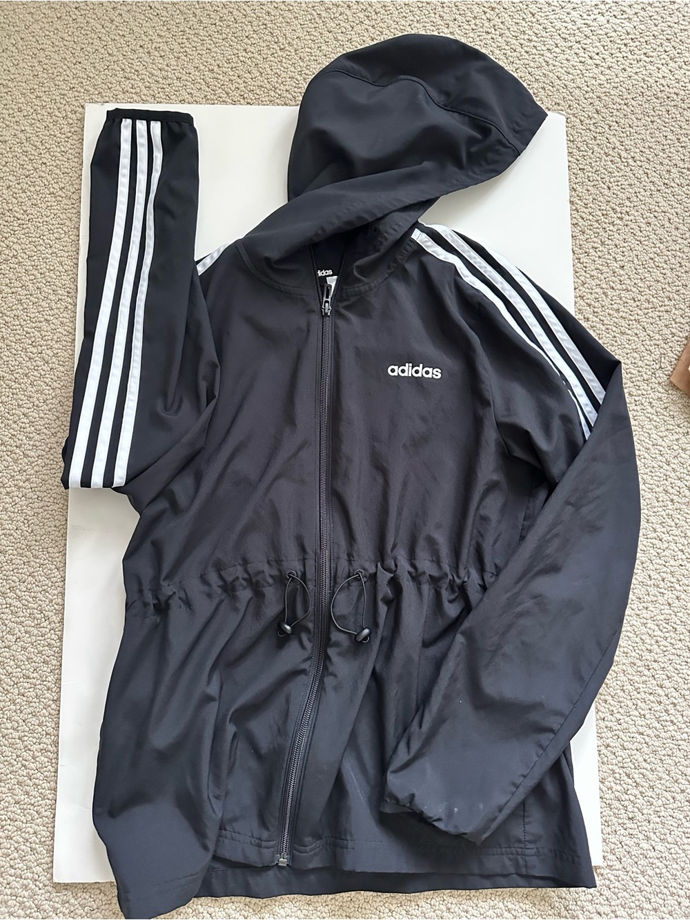adidas Black Hooded Windbreaker, White Three-Stripe Accents, drawstring waist